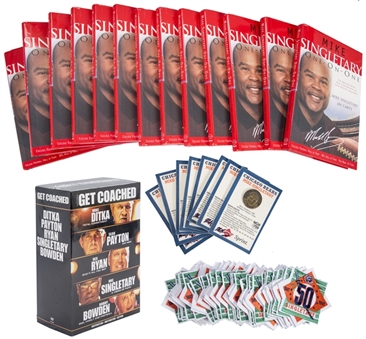 Mike Singletary Collection of Memorabilia Including (36) 1992 Commemorative Patches, (13) "One-On-One" Books, (8) Sprint Commemorative Coins - Signed & DVD Box Set - Signed (Singletary LOA)